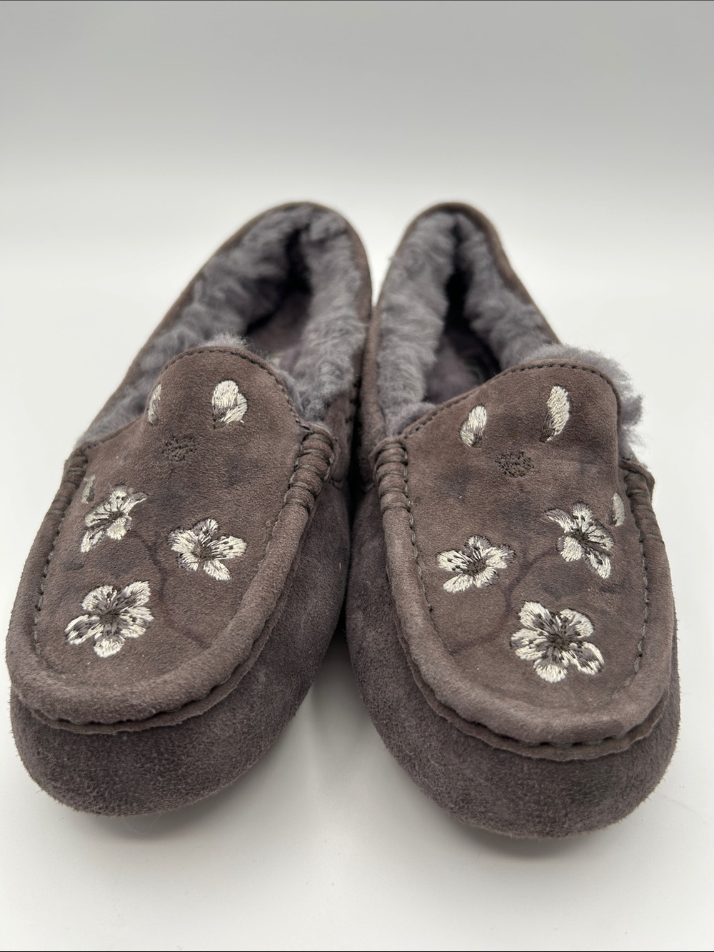 UGG Ansley Blossom Gray Suede Moccasin Slippers with Plush Shearling Lining - Picture 3 of 16